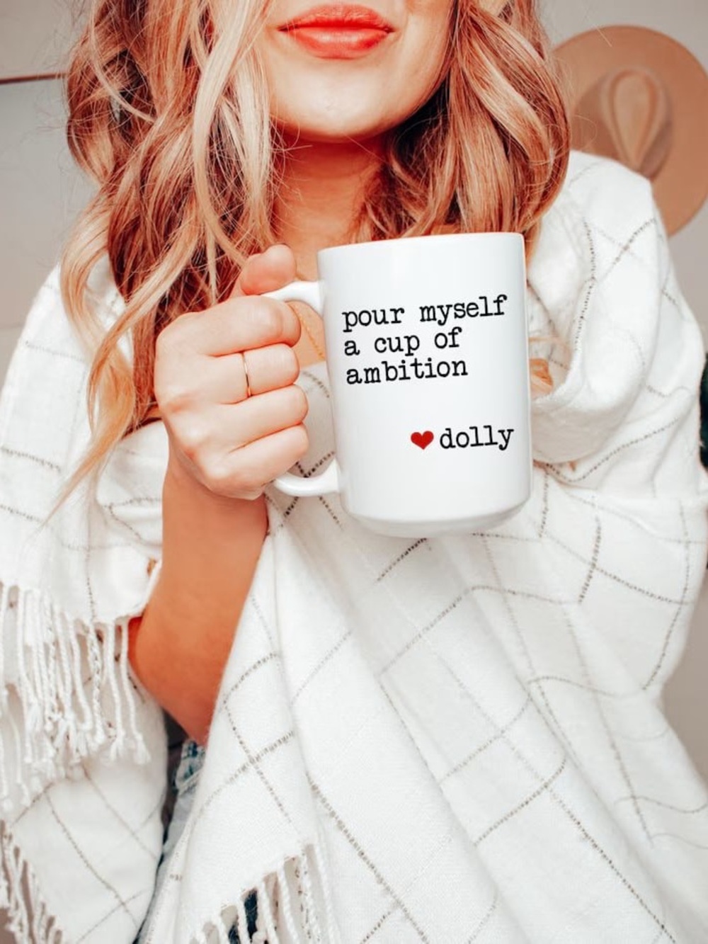 Dolly White Ceramic Mug - 'Pour Myself a Cup of Ambition'